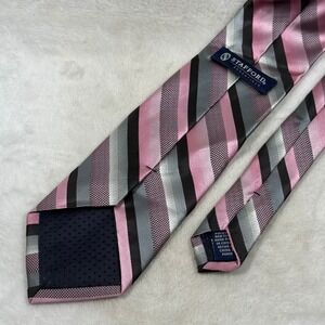 Stafford Essentials Mens Pink Gray Black Striped Polyester Hand Made Necktie